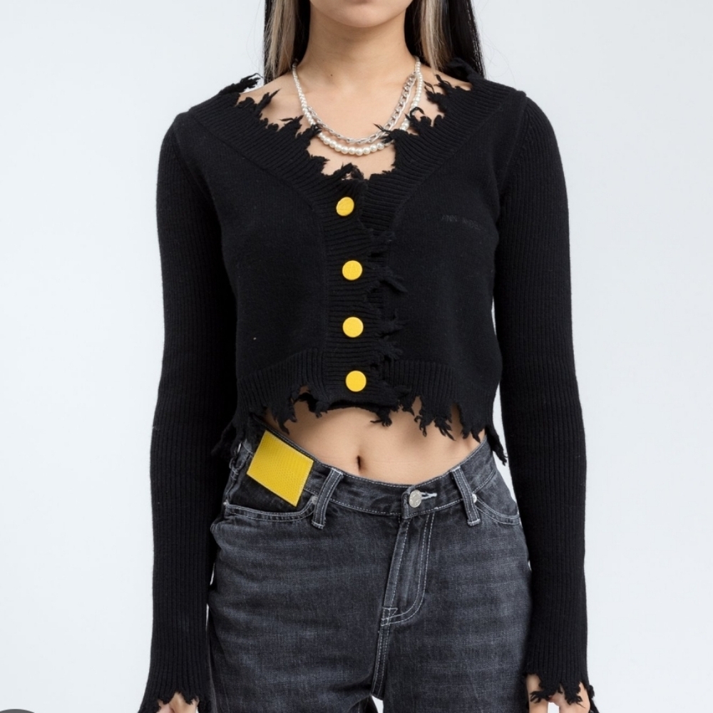 NWOT Ann Andelman Virgin Wool Destroyed Black Cropped Cardigan
